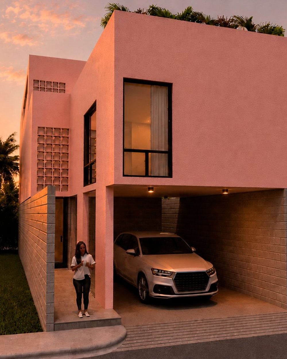 Fachada de Casa Placoid al atardecer