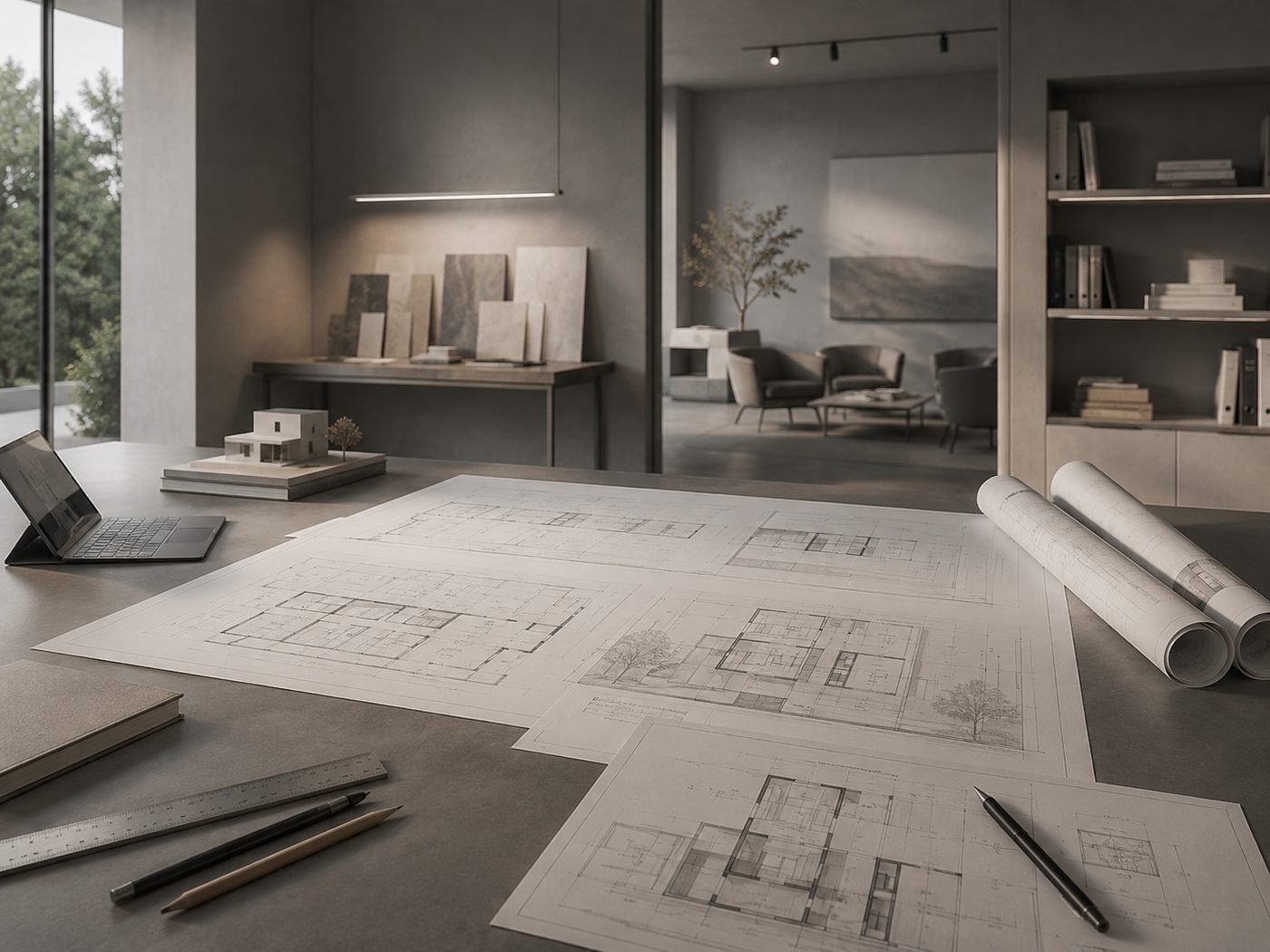 Planos arquitectónicos sobre mesa de trabajo en el estudio